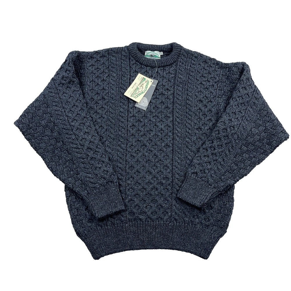Aran Crafts Sweater Men Medium Gray Heavy Wool Cable Knit Fishermen Textured NEW